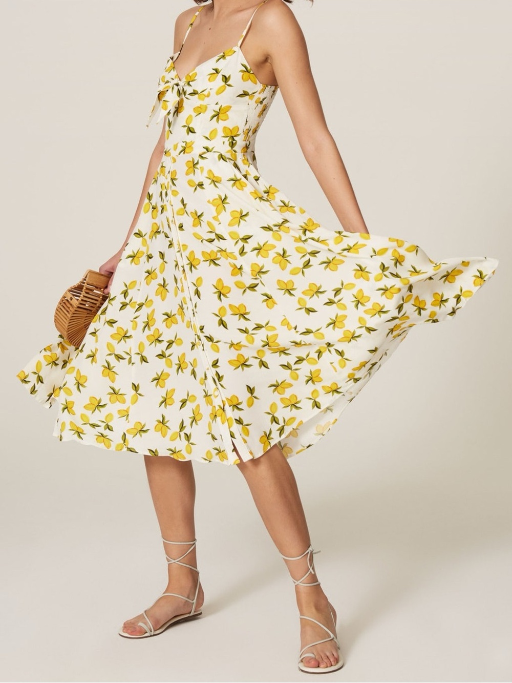 Yumi Kim Pretty Woman Yellow Lemon Print Spaghetti Strap Midi Sundress Size 6